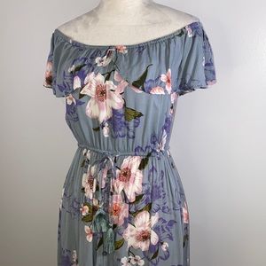 Band of Gypsies floral off shoulder tie waist high/low hem maxi dress M blue